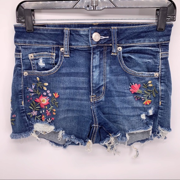 American Eagle Outfitters Hi-Rise Shortie Floral Embroidered Jean Shorts Size 4